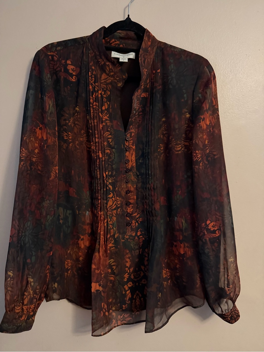 Coldwater Creek Sheer Autumn Floral Pintuck Blouse - Brown & Burnt Orange